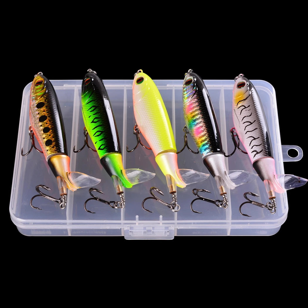 5pcs/Box Soft Rotating Tail Fishing Lures 10cm Floating Popper Fishing Lure Set Artificial Hard Bait Lure Fishing Tackle Box