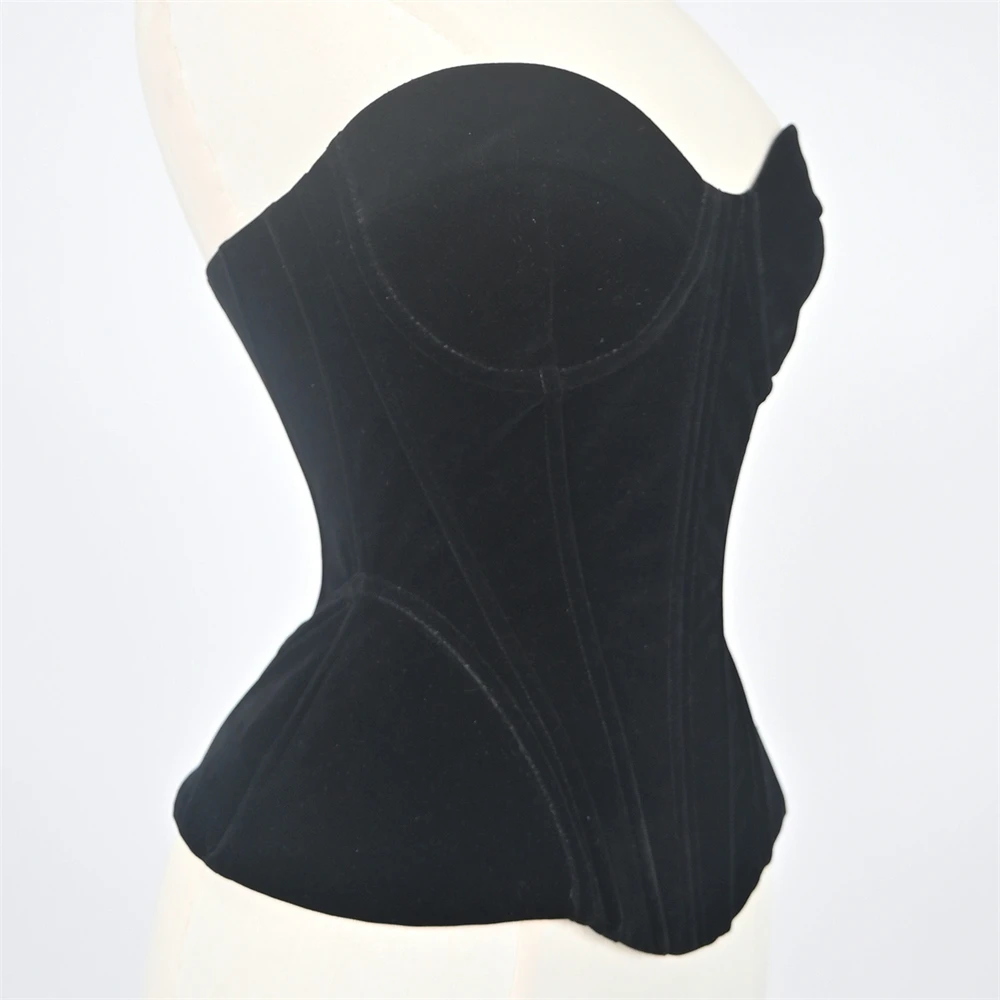 Women Black Velvet Corset Sexy With Bra Cups Retro Strapless Bustier Body Shaper Lace-up Fishbone Bodices Wedding Tops