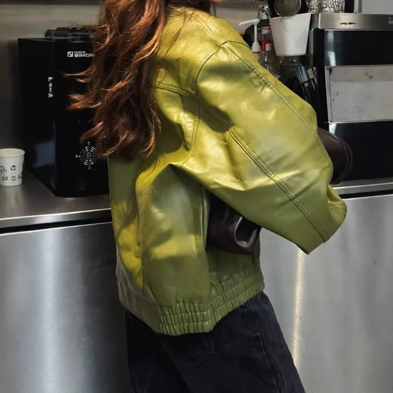 الزيتون الأخضر سترة جلدية معطف صورة ظلية خمر شارع العليا الاتجاه سستة التلبيب معطف قصير فضفاض رداء علوي غير رسمي أبلى الخريف