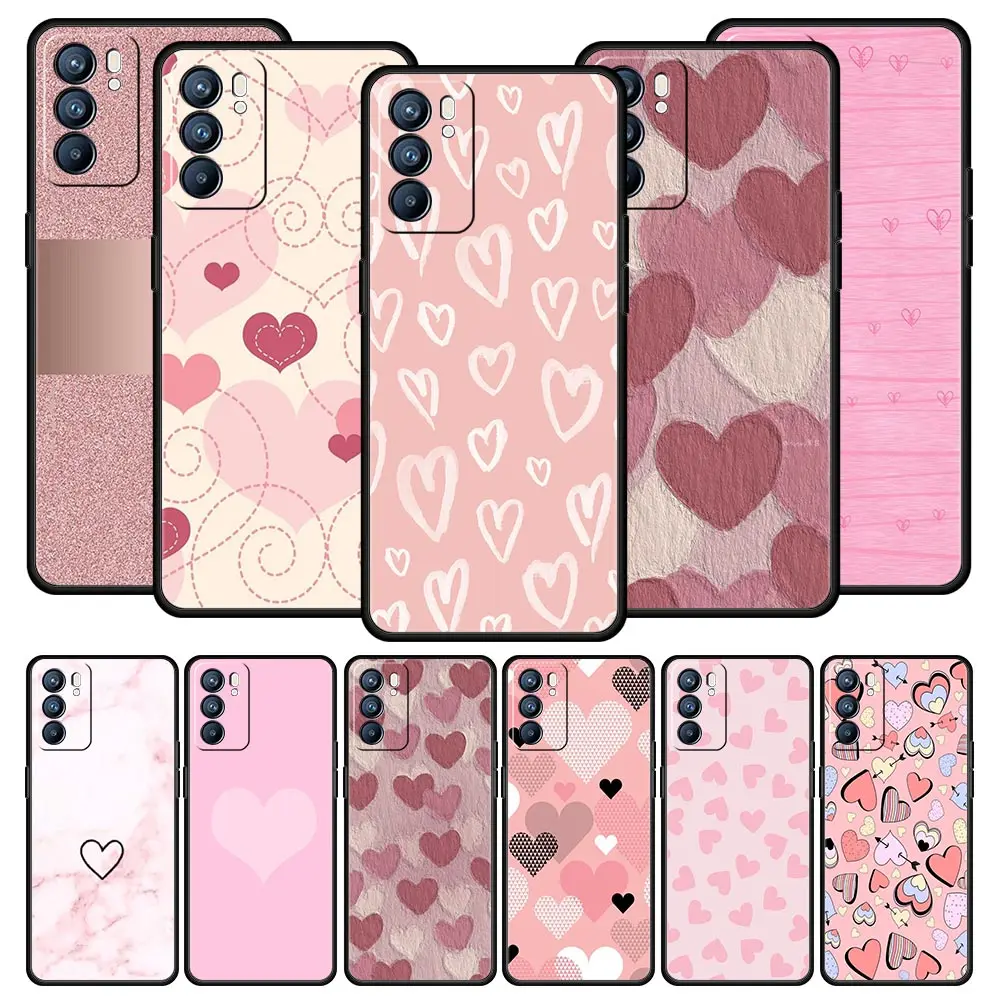 Gold Pink Rose Glitter Hearts Case For Oppo Find X6 X5 A54 A53 A52 A9 2020 A15 A95 A17 A76 A74 A57 Reno7 Reno6 Pro Plus 5G Cover