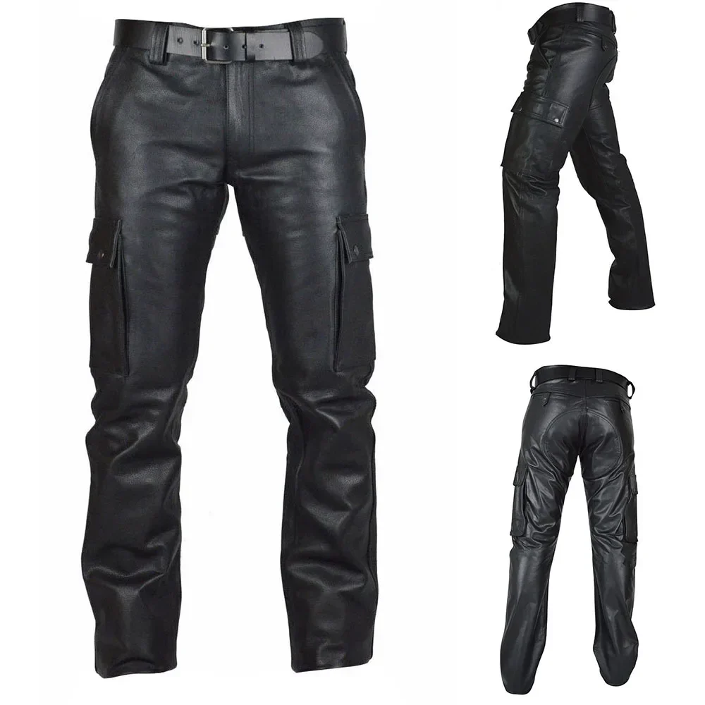 Men Punk PU Leather Straight Pants Slim Fit Motorcycle Trousers Handsome Male Treedy Streetwear Casual Cargo Pants With Pocket