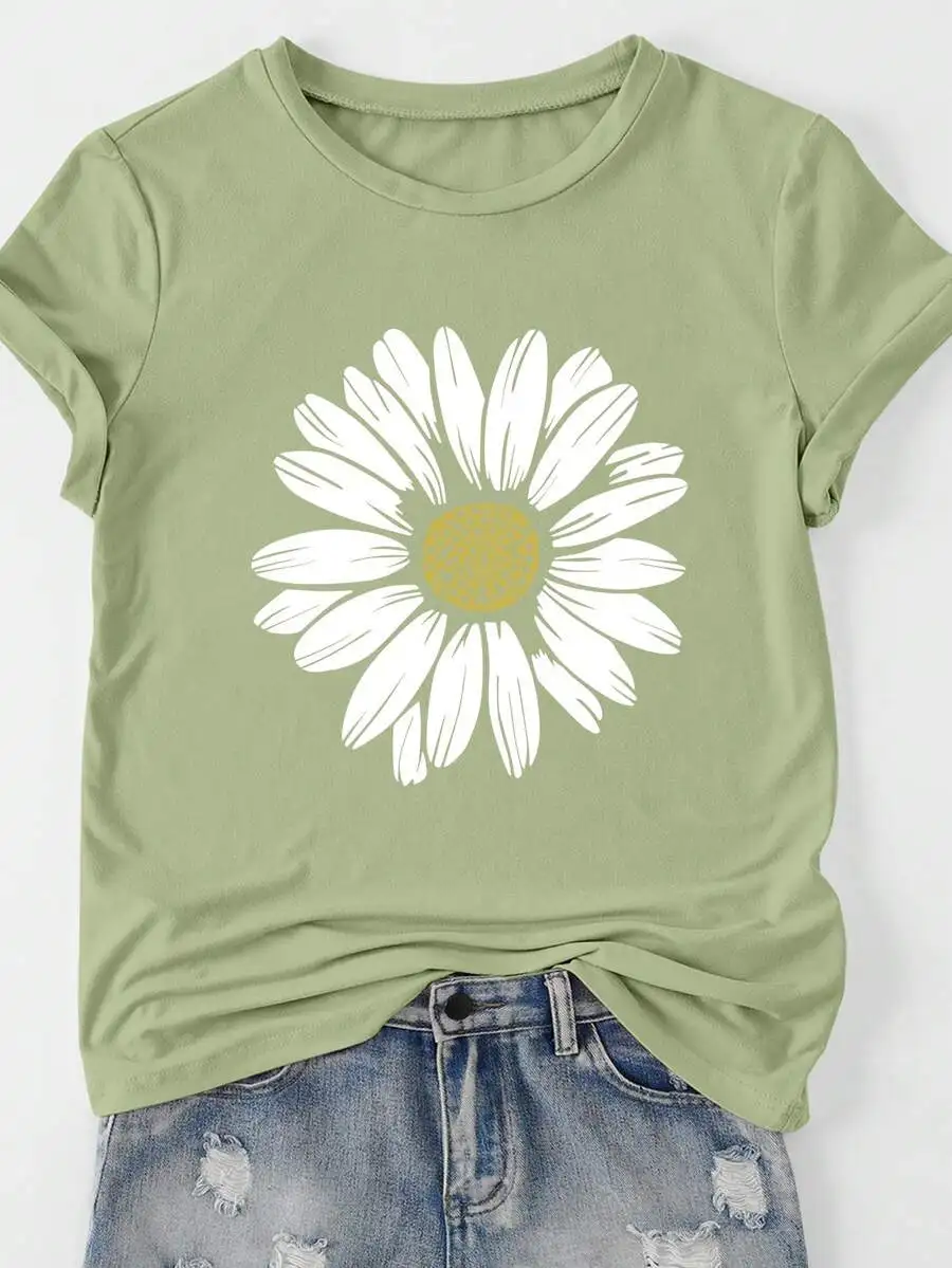 2026 Fashion New Flower Pattern Floral Graphic Tee Women Round Neck Pullover Short Sleeve Casual Basic Top Tee