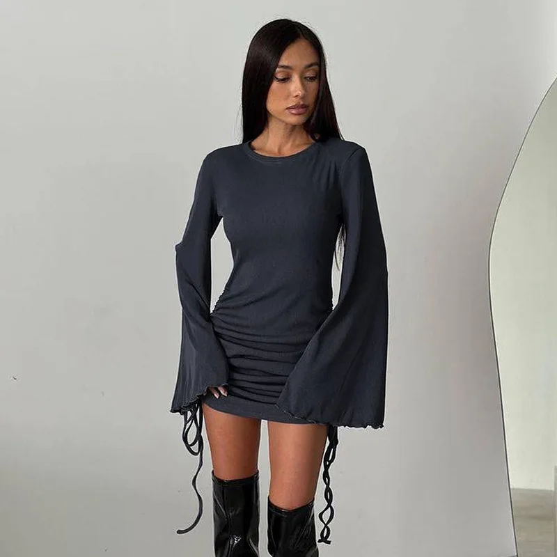 

Solid Drawstring Flare Sleeve Dresses for Women Spring Autumn 2024 Elegant Knit Bodycon Mini Dress Casual Dress Vestidos