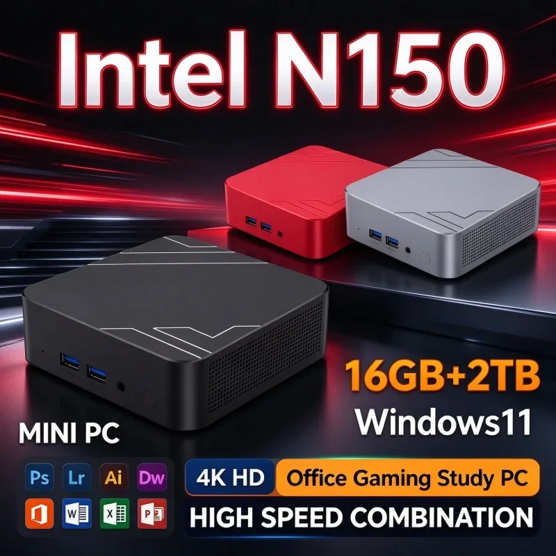 Intel N150 Mini PC Small Form‑Factor Windows 11 16GB RAM 1TB/2TB SSD WiFi6 BT5.2 High‑Speed Device for Home Office Daily Gaming
