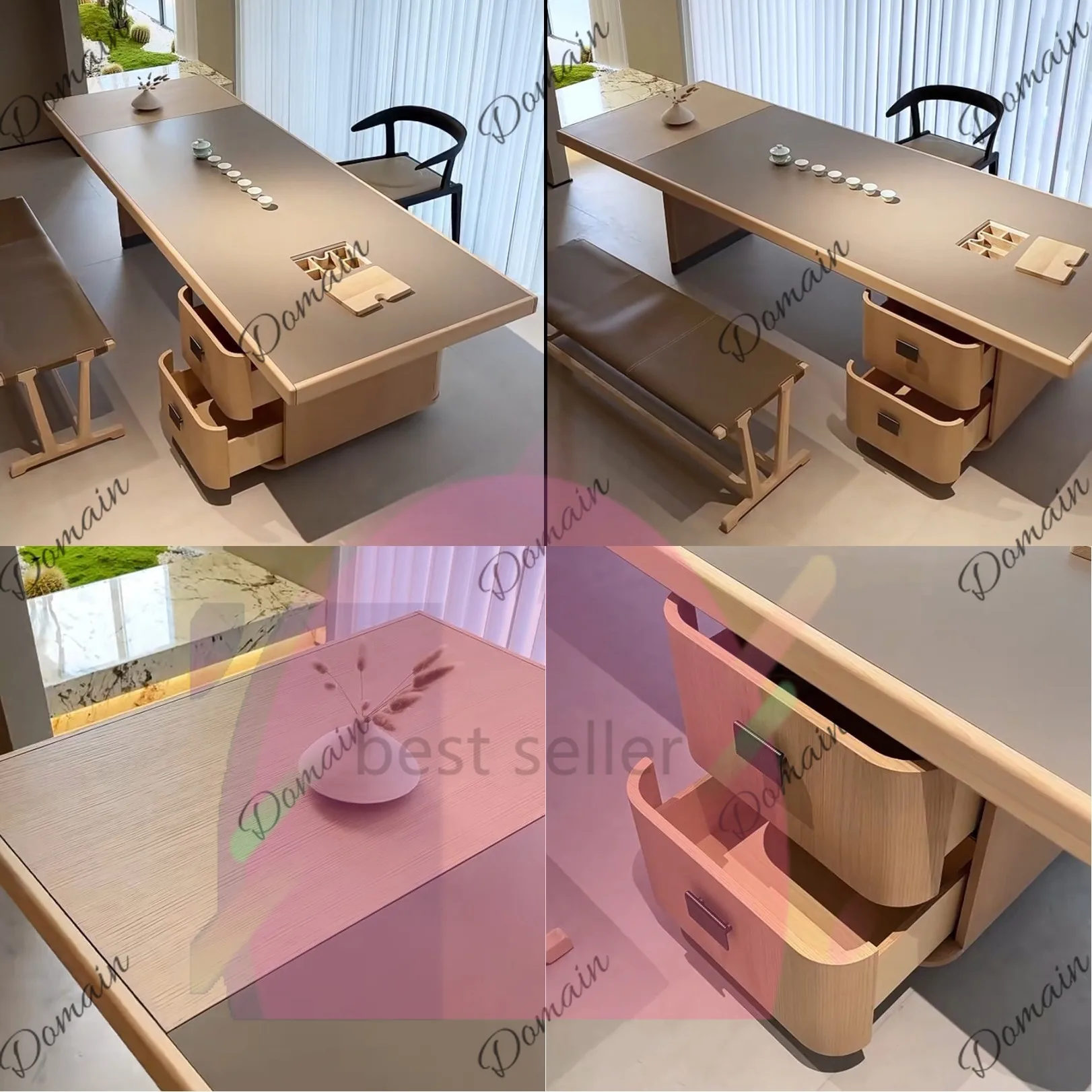 sBc New Chinese Style Cream Tea Table Set Solid Wood Multifunctional Tea Desk Simple Study Table