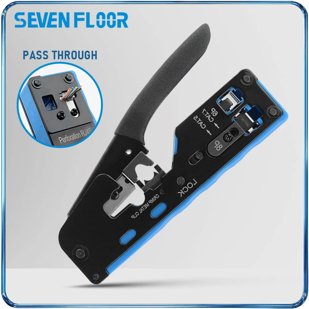 Cat7 Pass-Through RJ45 Crimp Tool, Multifunctional Network Crimper Pliers with Wire Stripper & Cutter, for Cat6 Cat5e RJ12 LAN C