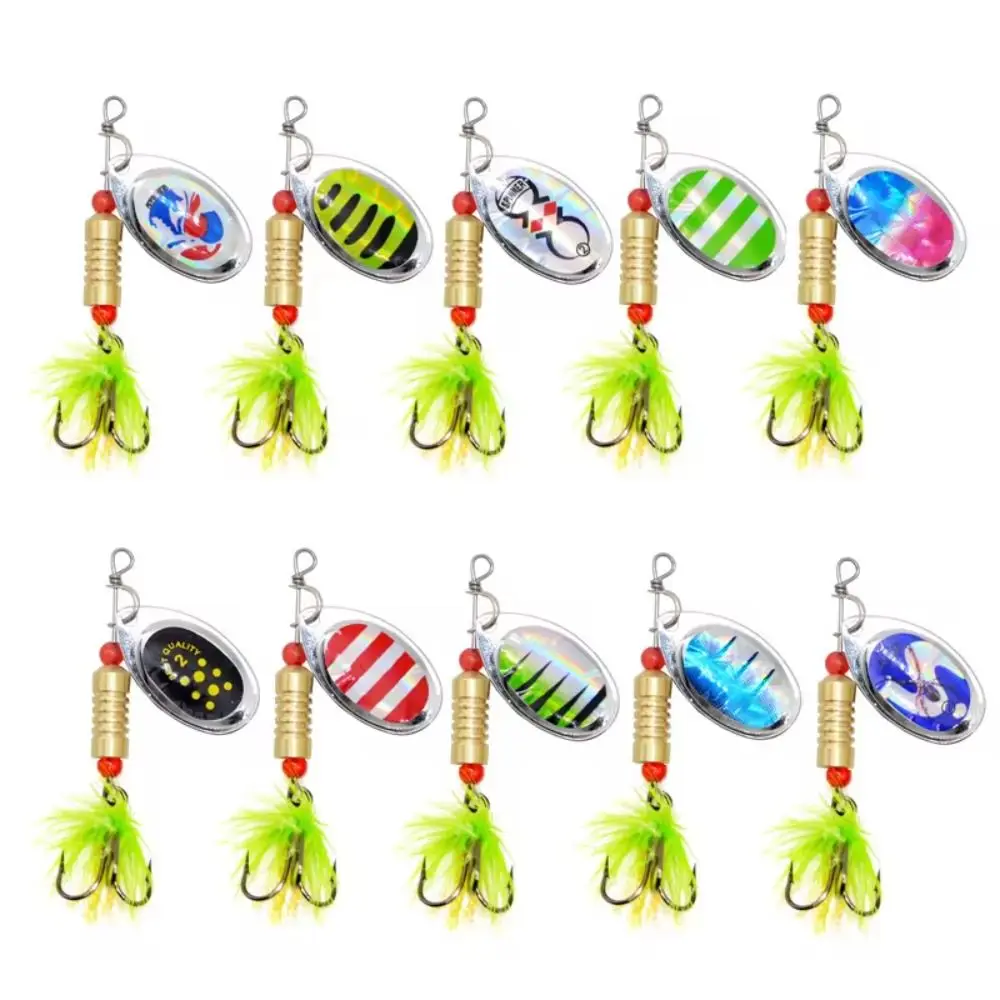 

10pcs/set 3.5/5g Fishing Metal Spoon Lure Green Fluff Metal Fishing Spinner Spoonbait Sequins Rotating Wobblers Treble Hooks