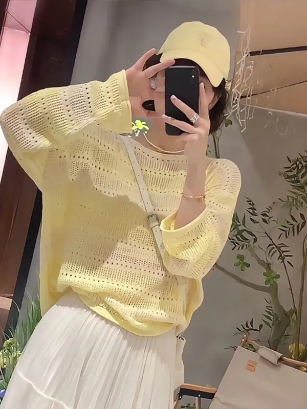 

Retro Hollow Long Sleeve Yellow Knitted Sweater Women's Lazy Style Loose Top Spring Autumn New Design Korean Style Commute
