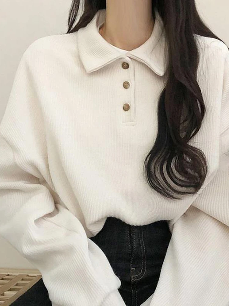 Oversized Polo T-Shirt Women Korean Fashion Preppy Style Pullover Tops Ladies Autumn Winter Casual Long Sleeve Plush Sweatshirts