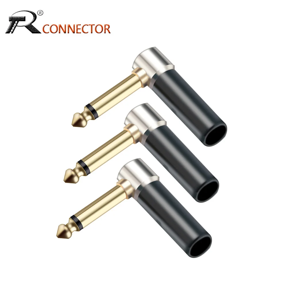 10pcs 1/4 PhoneJack Unbalance Connector Right Angle 6.35mm Jack Microphone Speaker Assembly mono Gold plated Audio Plug