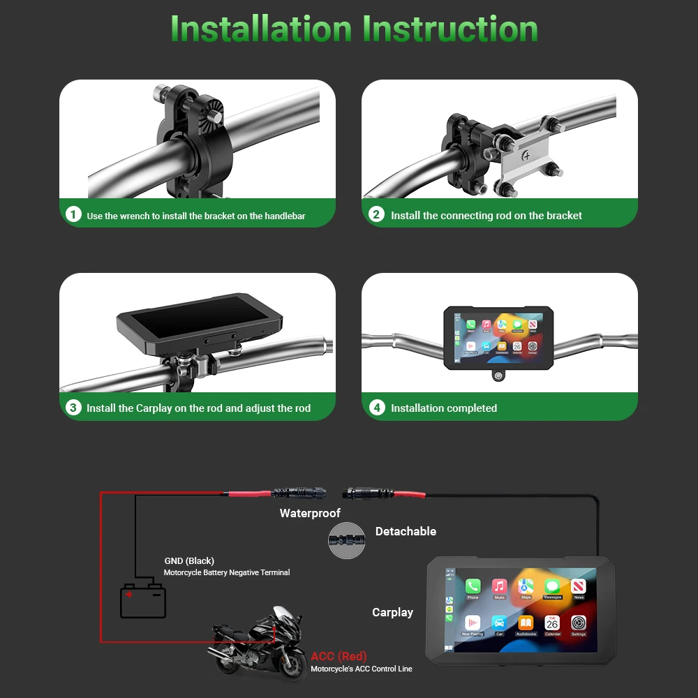Aoocci C3 Plus Motorcycle Carplay, 5in HD , GPS Navigation System with Apple CarPlay&Android Auto, Siri(for CarPlay), TPMS image 2