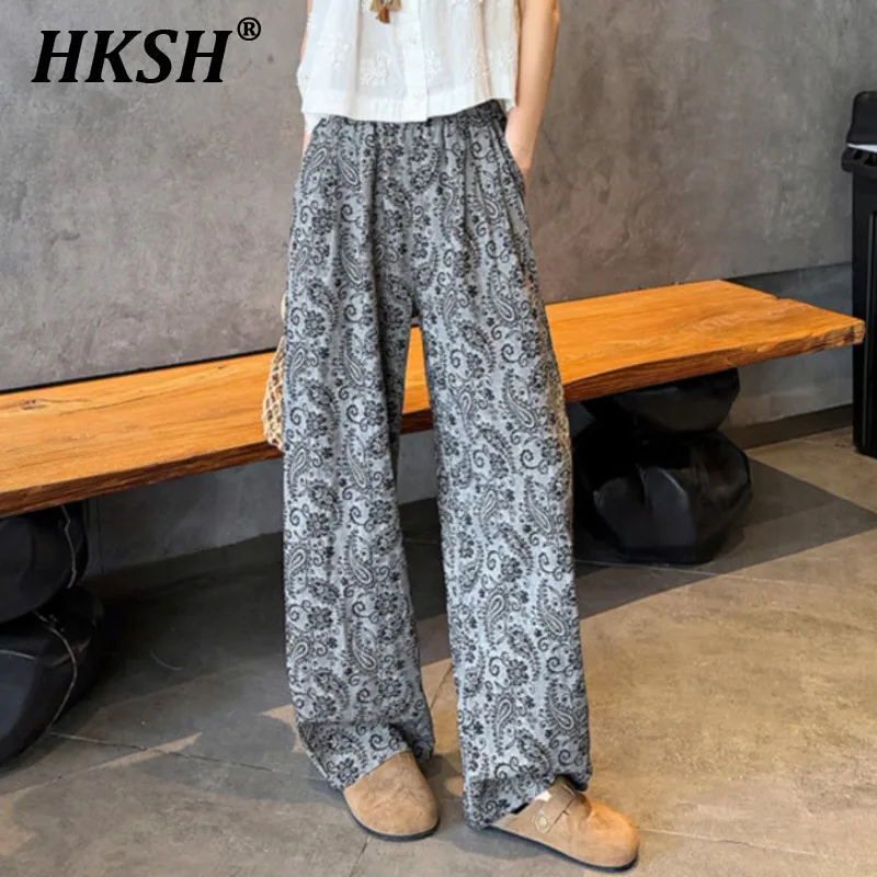 

HKSH Spring Summer New Women Japanese Korea Tide Chic Fashion Style High Street Cotton Linen Jacquard Wide Leg Slim Pants HK5019