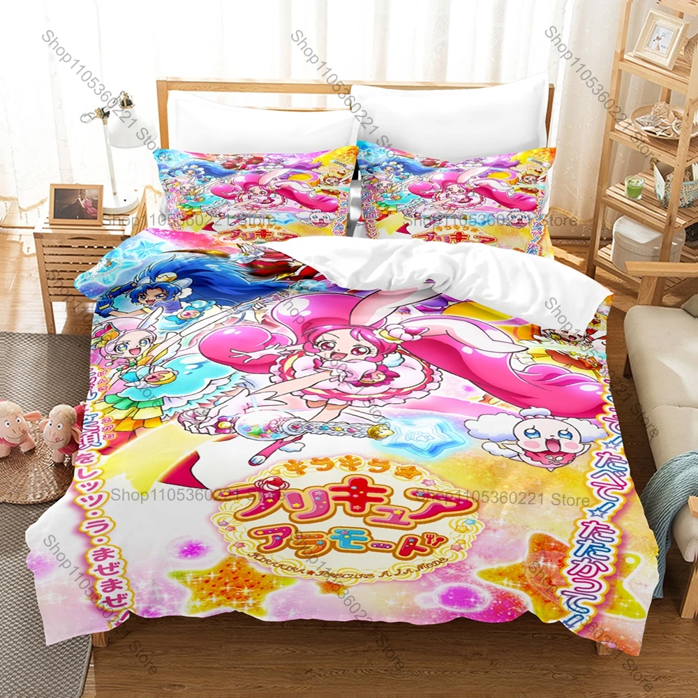 Anime Smile PreCure! Bedding Set, Duvet Cover & 2 Pillowcases, Lovely Character Pattern Breathable Fabric All Season Use
