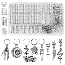 242 Pcs Silver Skeleton Punk Braid Clip Hair Beads Loose Coil Hair Clip Dreadlock Bead Braid Hair Rings Hair Jewelry For Braid
