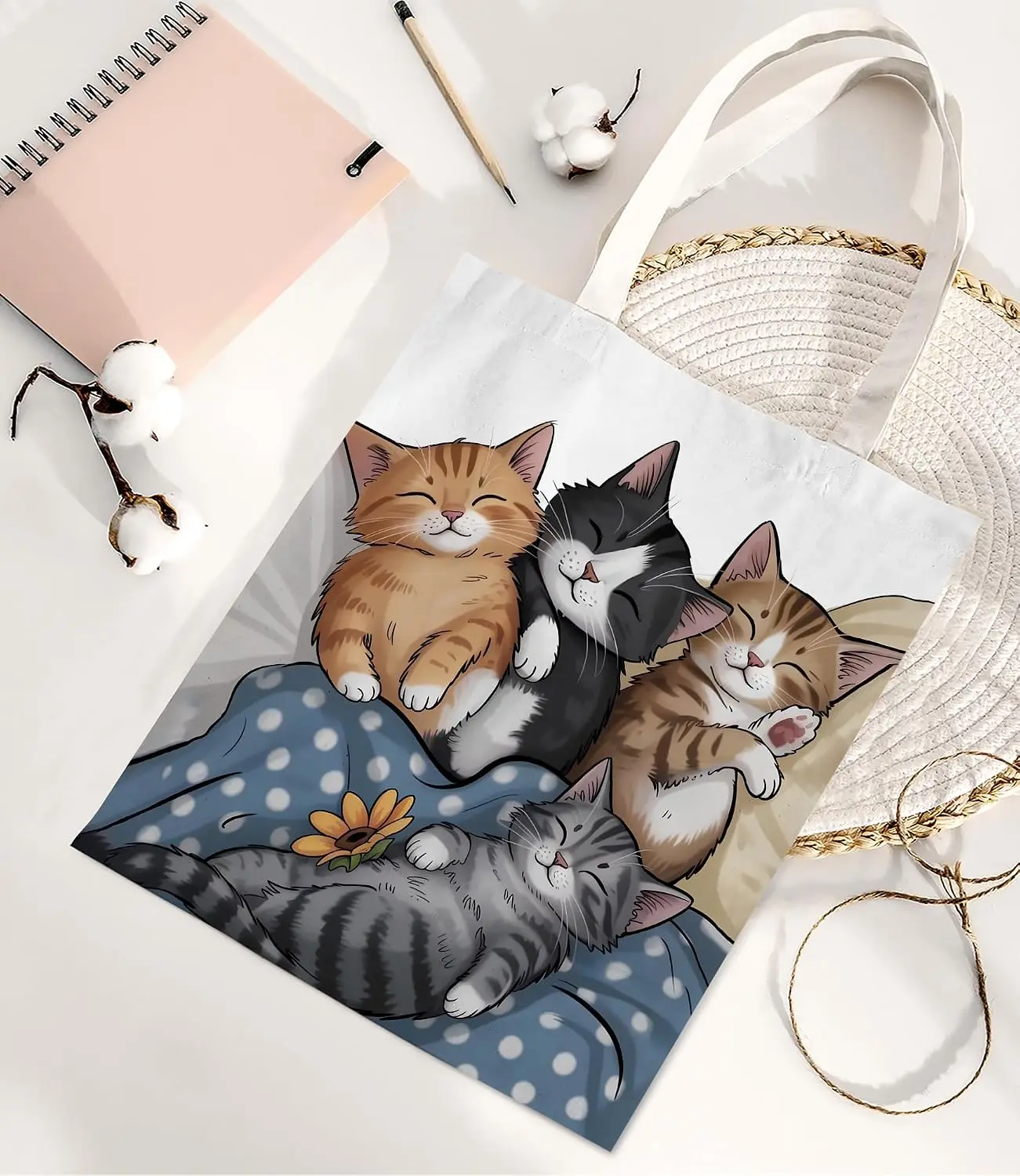 Cat Lover Canvas Shopping Bag Cute Four Sleeping Kittens Print Portable Tote Bag For Outings & Gifting