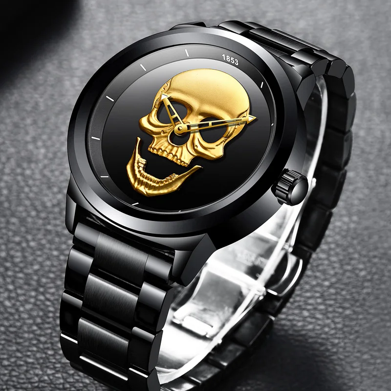 LIGE Punk Gold Skull Mens Watches Creative Quartz Wrist Watch for Men Stainless Waterproof Luminous Watch Man Relogio Masculino