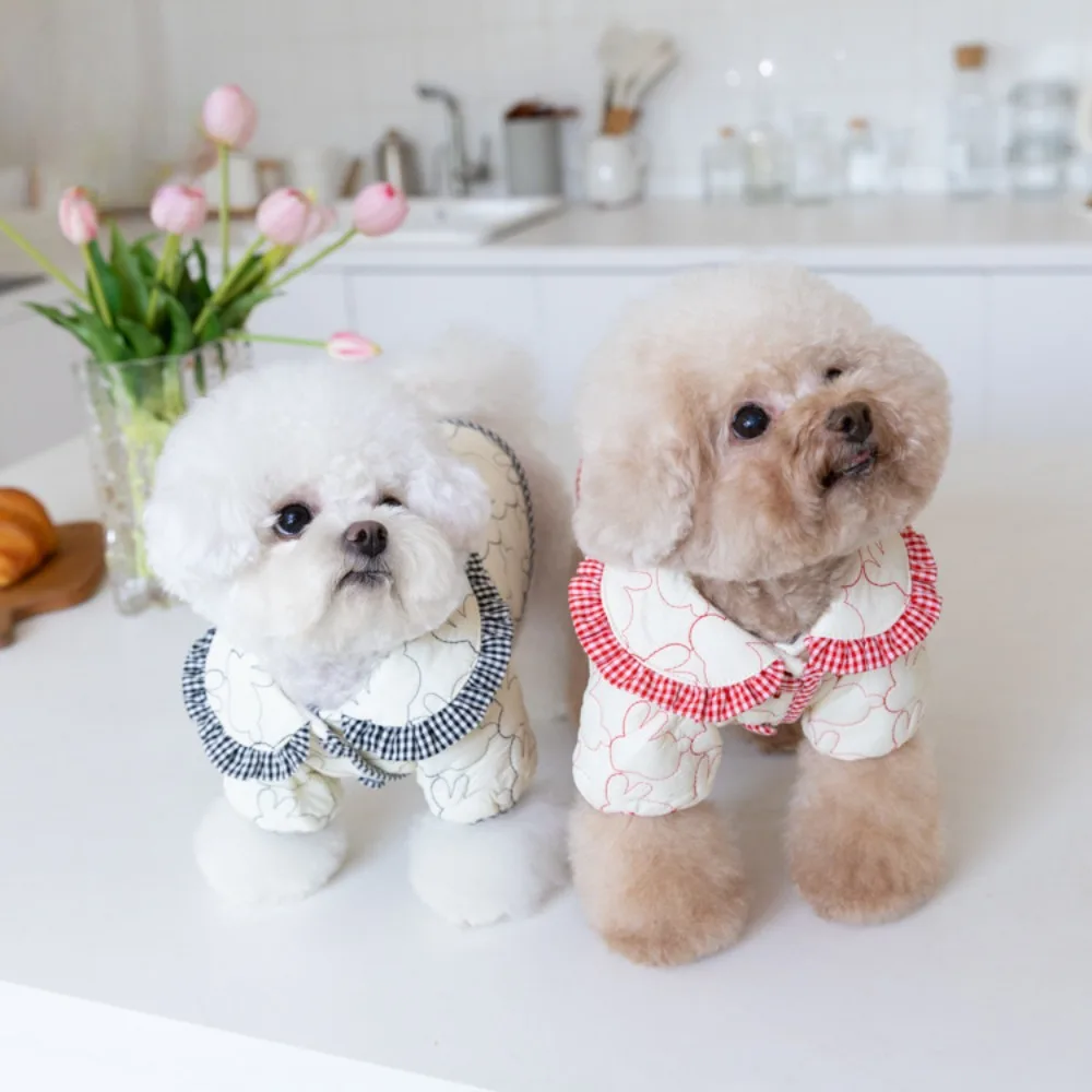 Autumn and Winter Embroidered Cotton Parkas Cute Plaid Lapel Coat Cute Warm Coat Cat and Dog Clothing Pet Clothing Teddy Bear