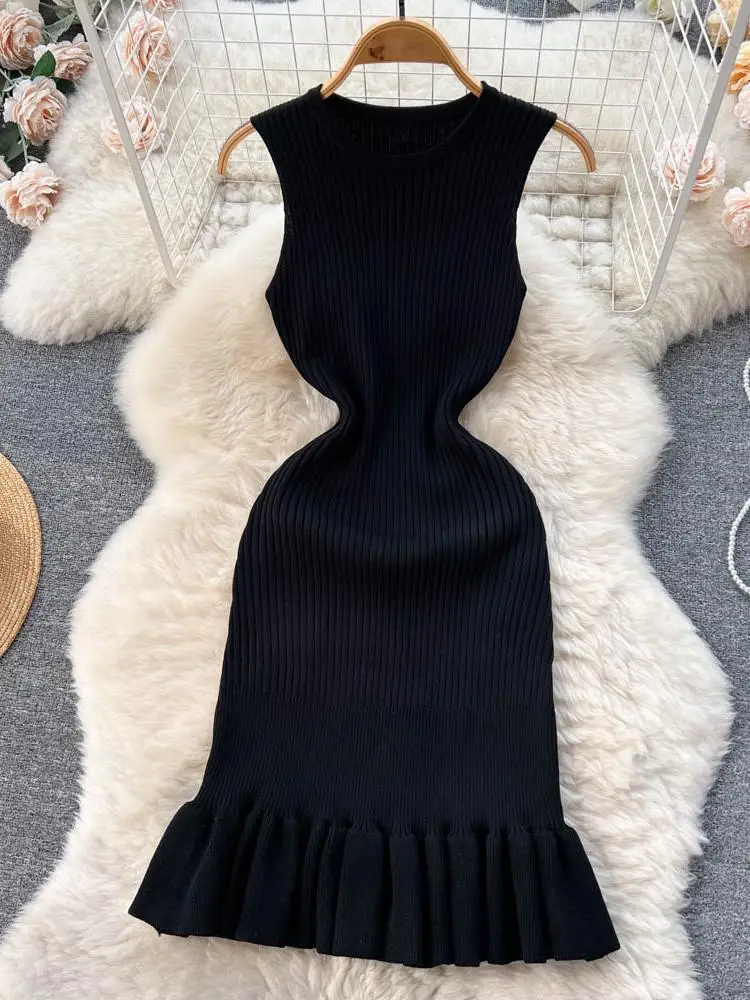 2024 Early Autumn Sexy Package Hips Ruffles Mini Dress Summer Fashion Y2K Knitted Bodycon Ladies Dress Korean Party Vestidos