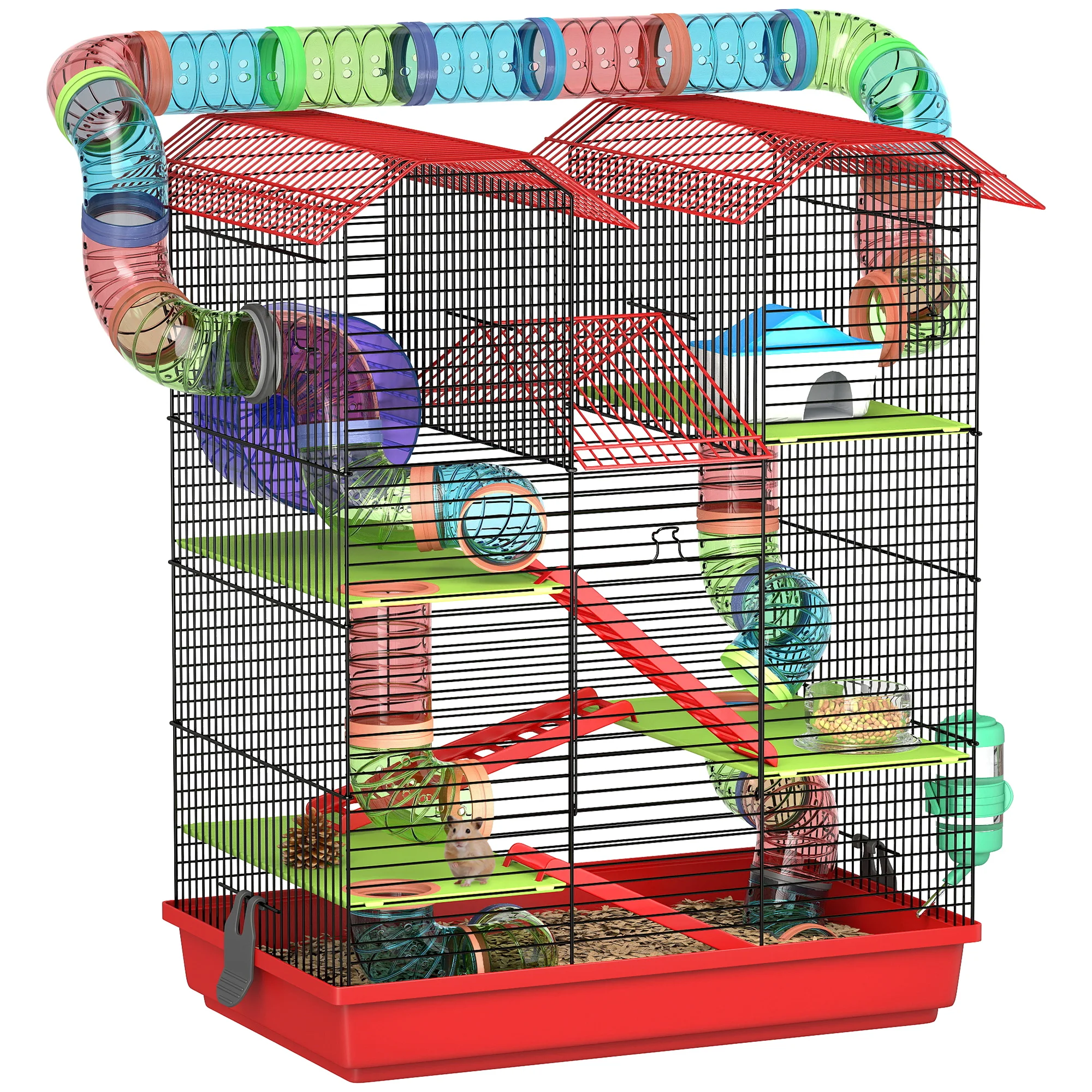 PawHut Cage pour Hamster Souris Petit Animaux Rongeur avec Tunnel Mangeoire Roue Jouet 47 x 30 x 59 cm Rouge