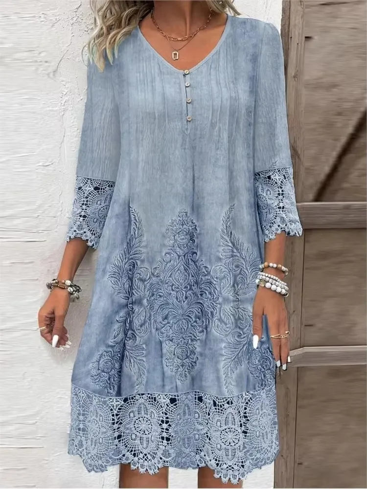 Nowa koronkowa sukienka w jednolitym kolorze Wiosna Lato Moda damska V-neck Button Loose Office Casual Dresses Female Holiday Robe Femme — zdjęcie 7