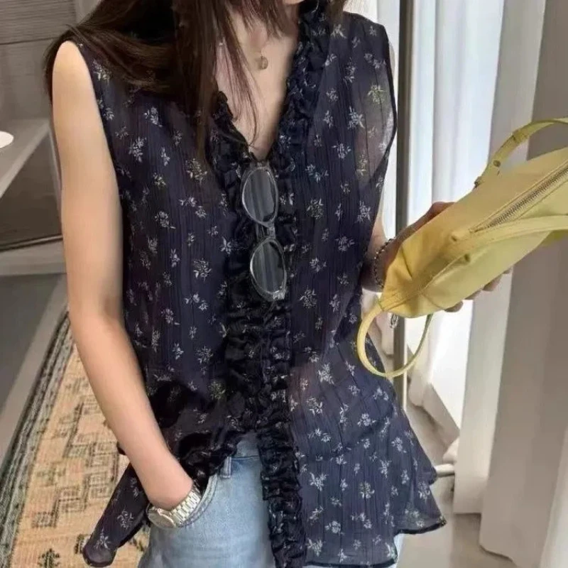 

Elegant Floral Print Sleeveless Cami With Ruffled Trim For Office Wear Summer Style Women's Top