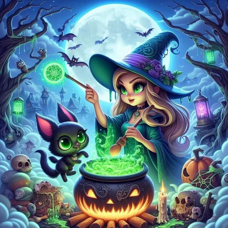 Halloween Witch Lass With Black Cat Jigsaw Puzzles 500PCS/1024 PCS Wall Decor for Living Room Bedroom Perfect Gift No Frame