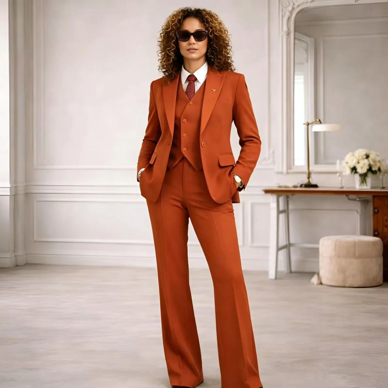 Rust Women's Suits 3 Pcs Vintage Retro Power Ladies Suit Office Wear Traje Mujer Outfit Pantsuit (Blazer+Vest+Pants) Tailor Made