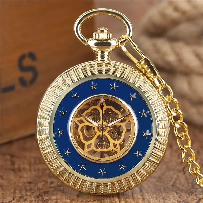 

Steampunk Unisex Mechanical Hand Winding Pocket Watch Carved Star Skeleton Clock for Men Women Pendant Chain Gift