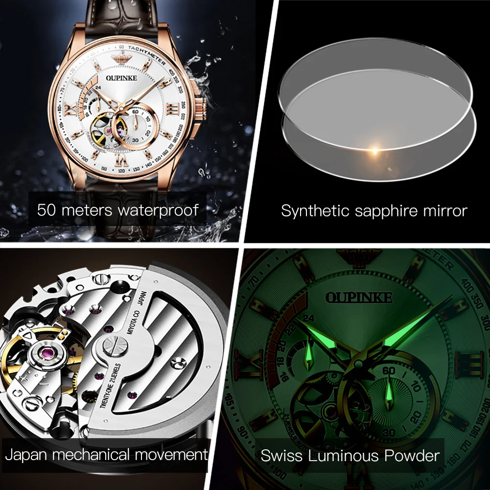 OUPINKE 3222 Luxury Original Men Watch Brand All Automatic Mechanical Watch HD Sapphire Mirror 3D Skeleton Waterproof Men Watch