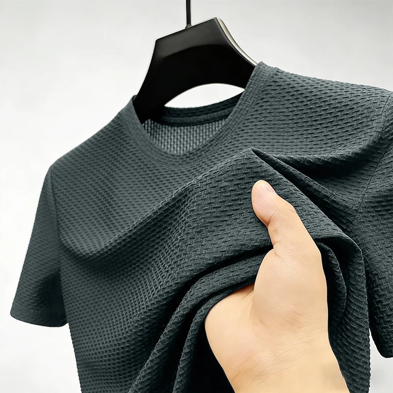 Sommer-Herren-T-Shirt mit Rundhalsausschnitt und kurzen Ärmeln, M-5XL, Übergröße, knitterfrei, atmungsaktiv, Top-Textur-Stoff, vielseitige T-Shirts