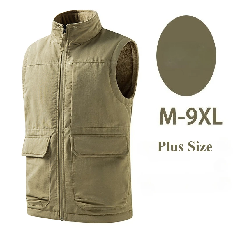 M-9XL Reversible Sleeveless Jacket Men's Vest Coat Waistcoat Thick Warm Fleece Workwear Tops Cargo Vest Windbreaker Fashion