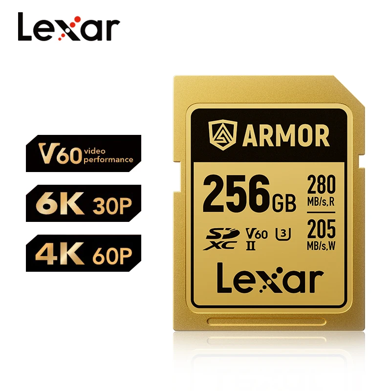 Lexar ARMOR GOLD SDXC UHS-II Card 128GB 256GB High Speed SDXC V60 U3 Flash Memory Card Read Up to 280MB/s for 6K 30P 4K Video