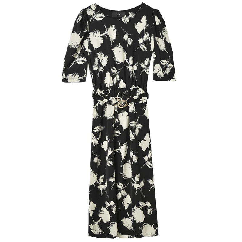 Chic Floral Print Midi Dr Women's 3/4 Sve mid Waist Polyester Summer 2025 Faion Ele Simple Sle round Ne Dr