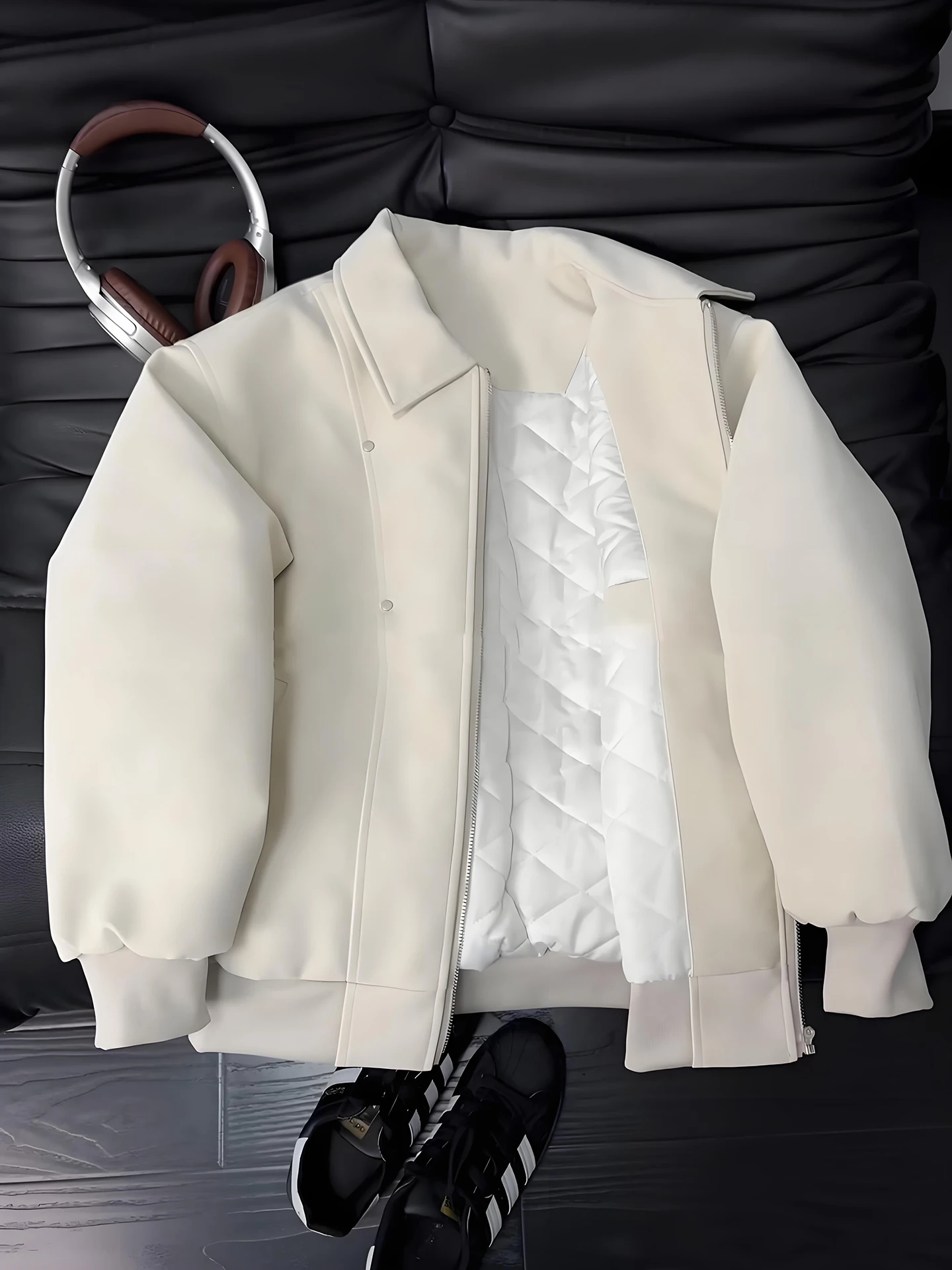 

PU Leather Rivet Deconstructed Jaet Cotton Men's Winter Turn-down Collar ort Baseball Sle Coat Warmth Youth Faion