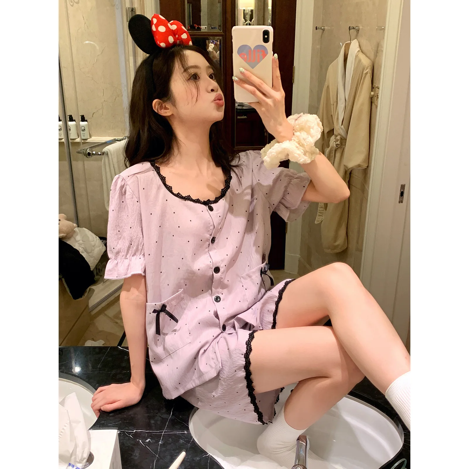 Lace-trimmed pajamas for women's summer, thin, large-sized short-sleeved home wear
