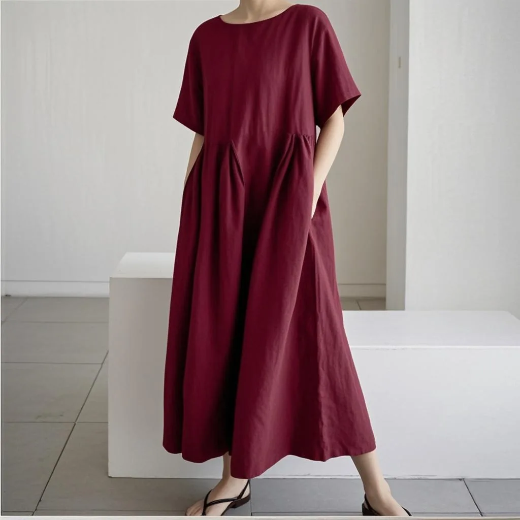 المرأة القطن الكتان فساتين متوسطة الطول الصيف شيك الإناث Vestidos فضفاض الصلبة ألف خط بوهو فستان قصير منتفخ كم فستان الشمس غير رسمي جديد