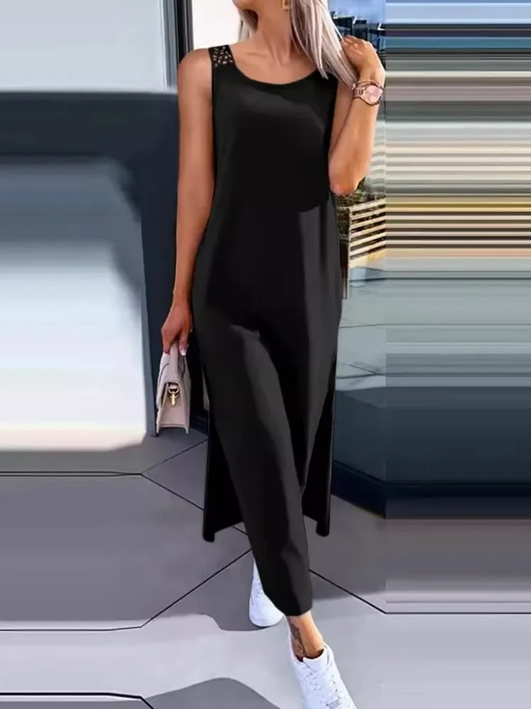 Vestido Midi sin mangas con cuello redondo para mujer, moda de verano, negro, blanco, hueco, sin espalda, con abertura lateral, informal, estilo playero