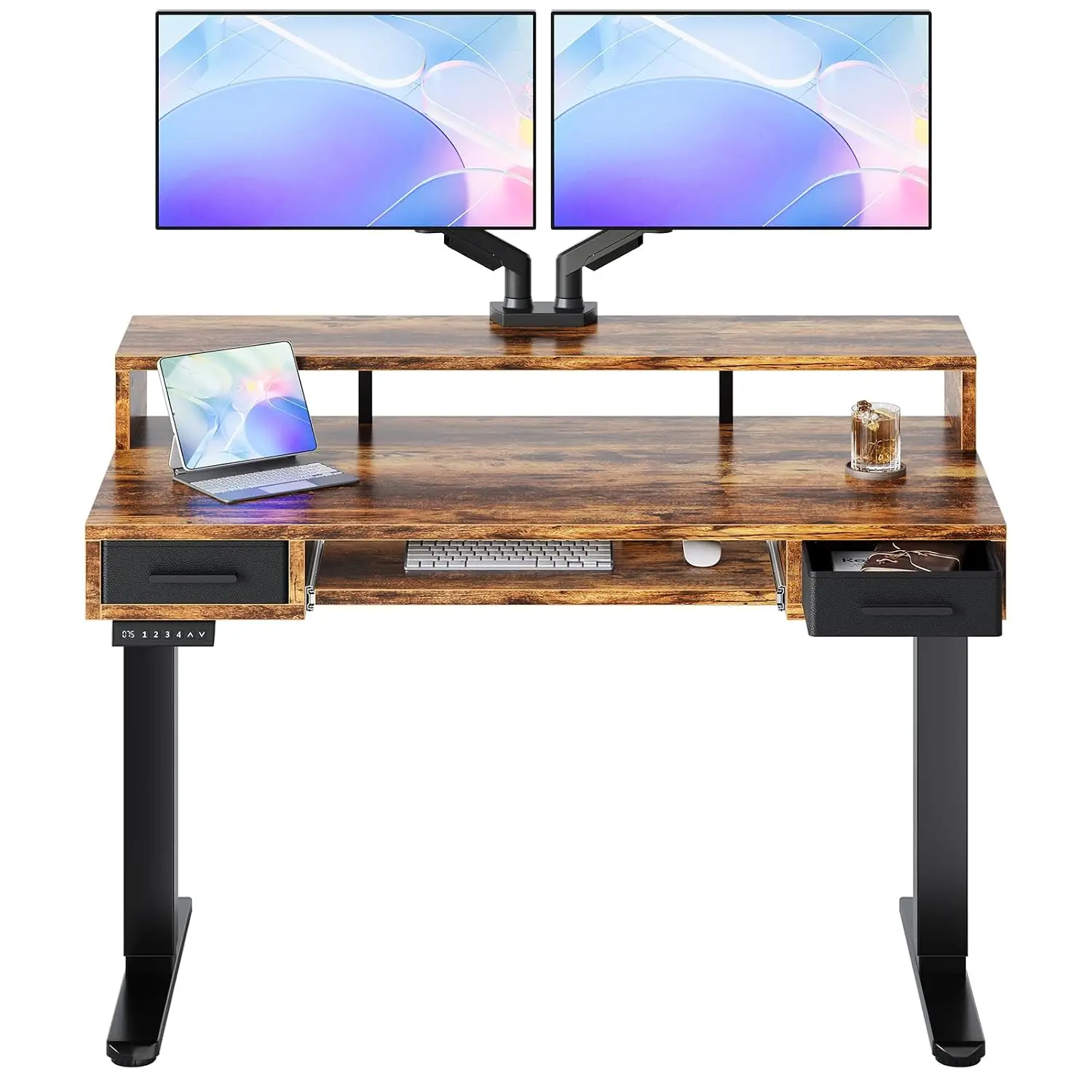 Electric Standing Desk with Drawers & Keyboard Tray, C-Clamp Mount Adjustable Desk for Office, 4 Height Presets, 48x26 Inch, Bro