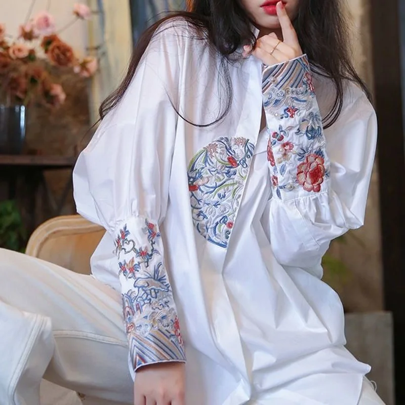 2023 New Spring and Autumn New Chinese Standing Collar Loose Relaxed Chinese Style Retro Heavy Industry Embroidered Shirt