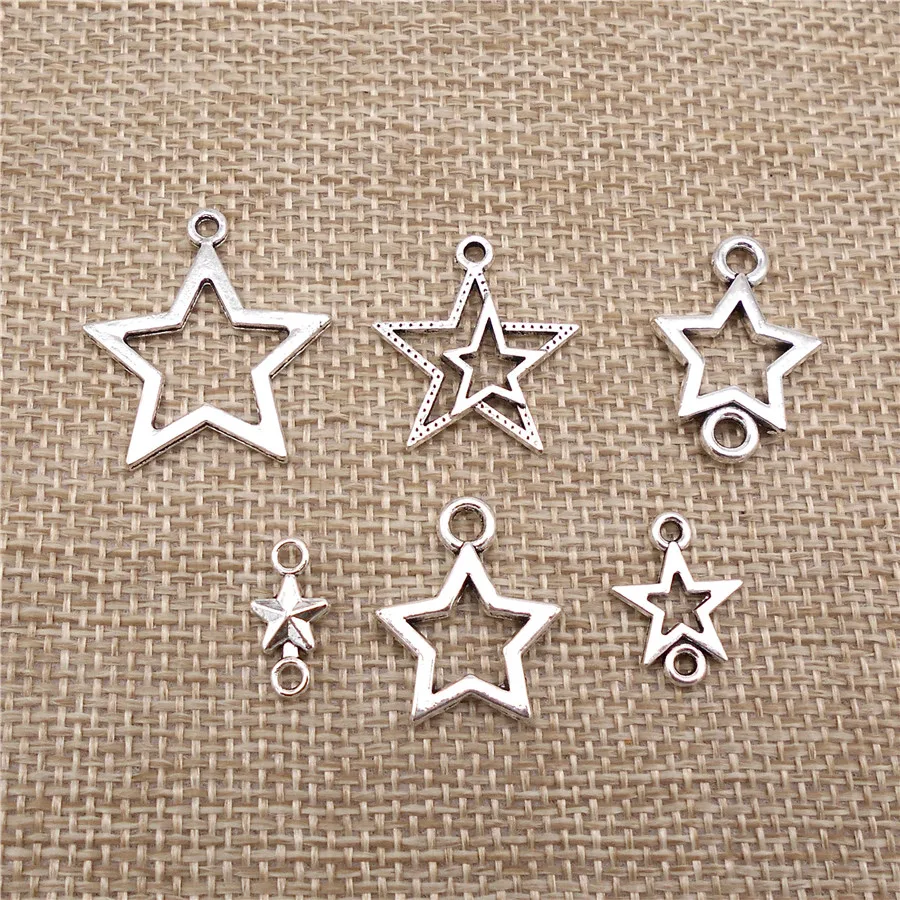 24PCS Hollow Five-star Charms Antique Silver Color Mixed Alloy Star Pendant Necklace Earrings Bracelet Jewelry Accessory