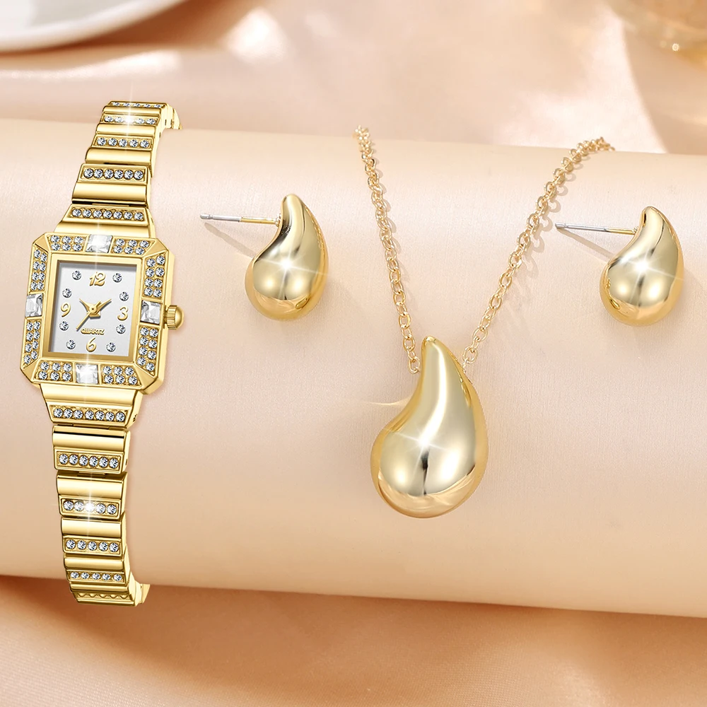 4PCS/SET Golden Luxury Quartz Watch Women's Necklace Earrings Water Drop Fashion Watch Casual Women's Bracelet Watch