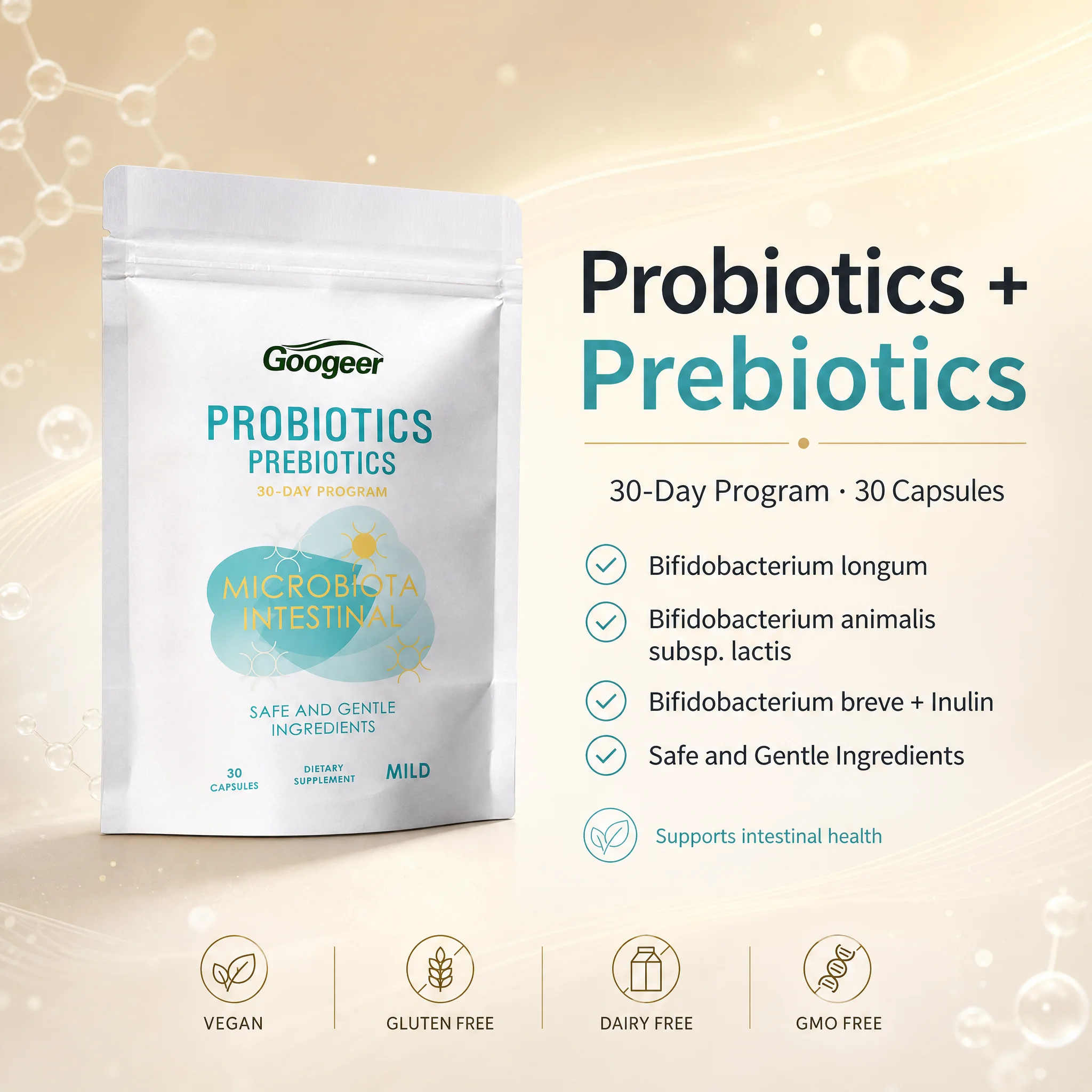 

Googeer Probiotics & Prebiotics Capsules with Bifidobacterium Longum, Animalis Subsp. Lactis, Inulin, Mild Formula, Safe, Gentle