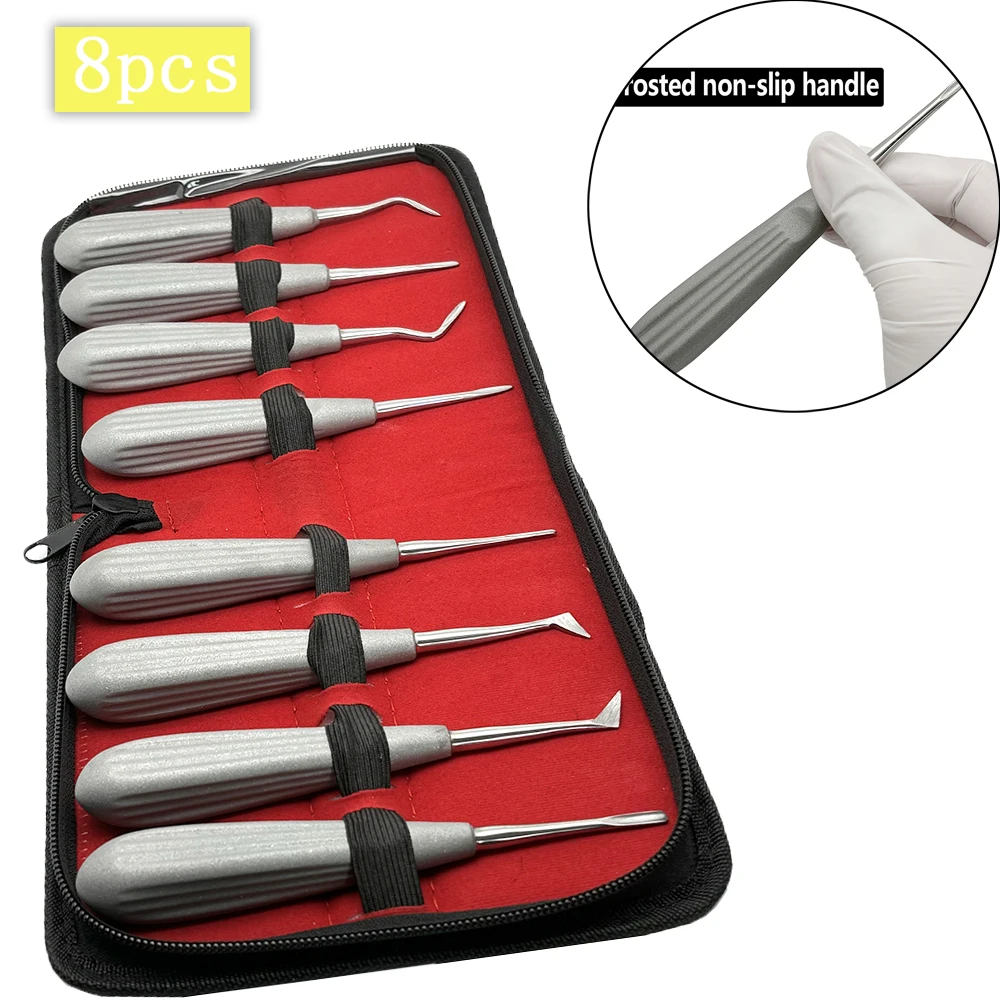 

8Pcs Dental high quality Elevator Frosted Non-slip Handle Dental Luxating Lift Elevator Kit Curved Root Tooth Extraction Tools