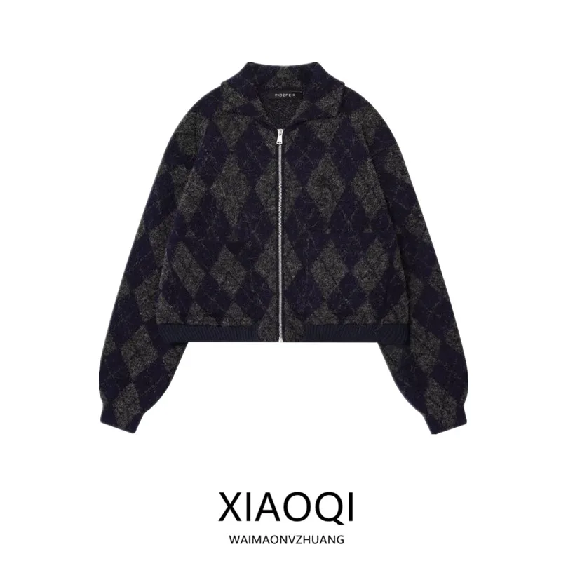 

Новинка осени 2022, женское модное вязаное пальто-пилот Jaet ort с ромбовидным узором, повседневное длинное пальто на молнии