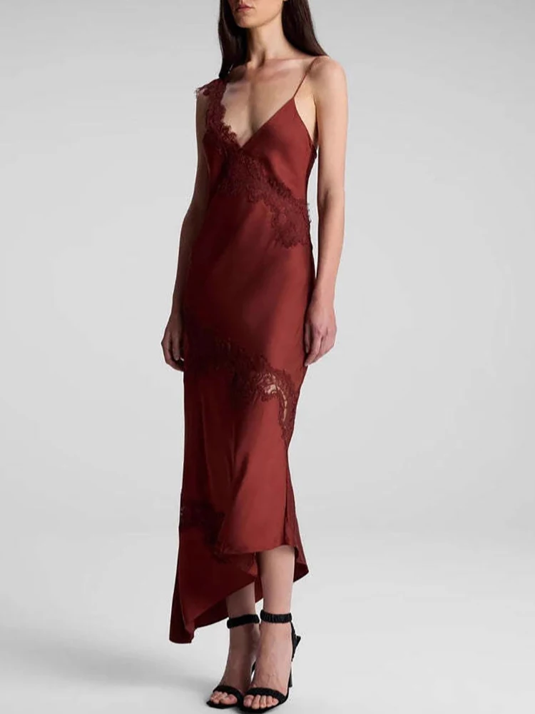 Sukienka na imprezę 2025, w kolorze wina, z koronką, dopasowana, seksowna, bez rękawów, na ramiączkach, długa letnia sukienka, codzienna, z odkrytymi plecami, z wycięciami, satynowa sukienka damska.
