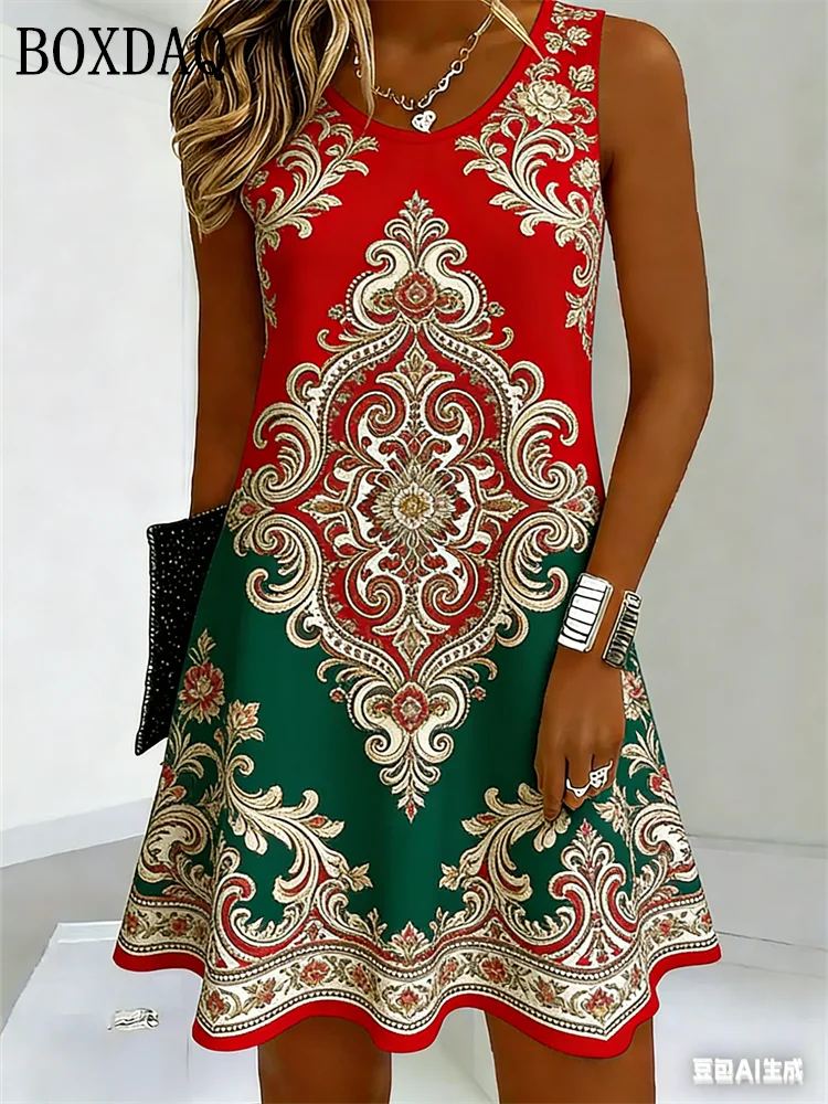 

Women's Bohemian Sleeveless Dress A Line Loose Female Clothing Plus Size Casual Retro Ethnic Print Dresses Summer Women 2026 New