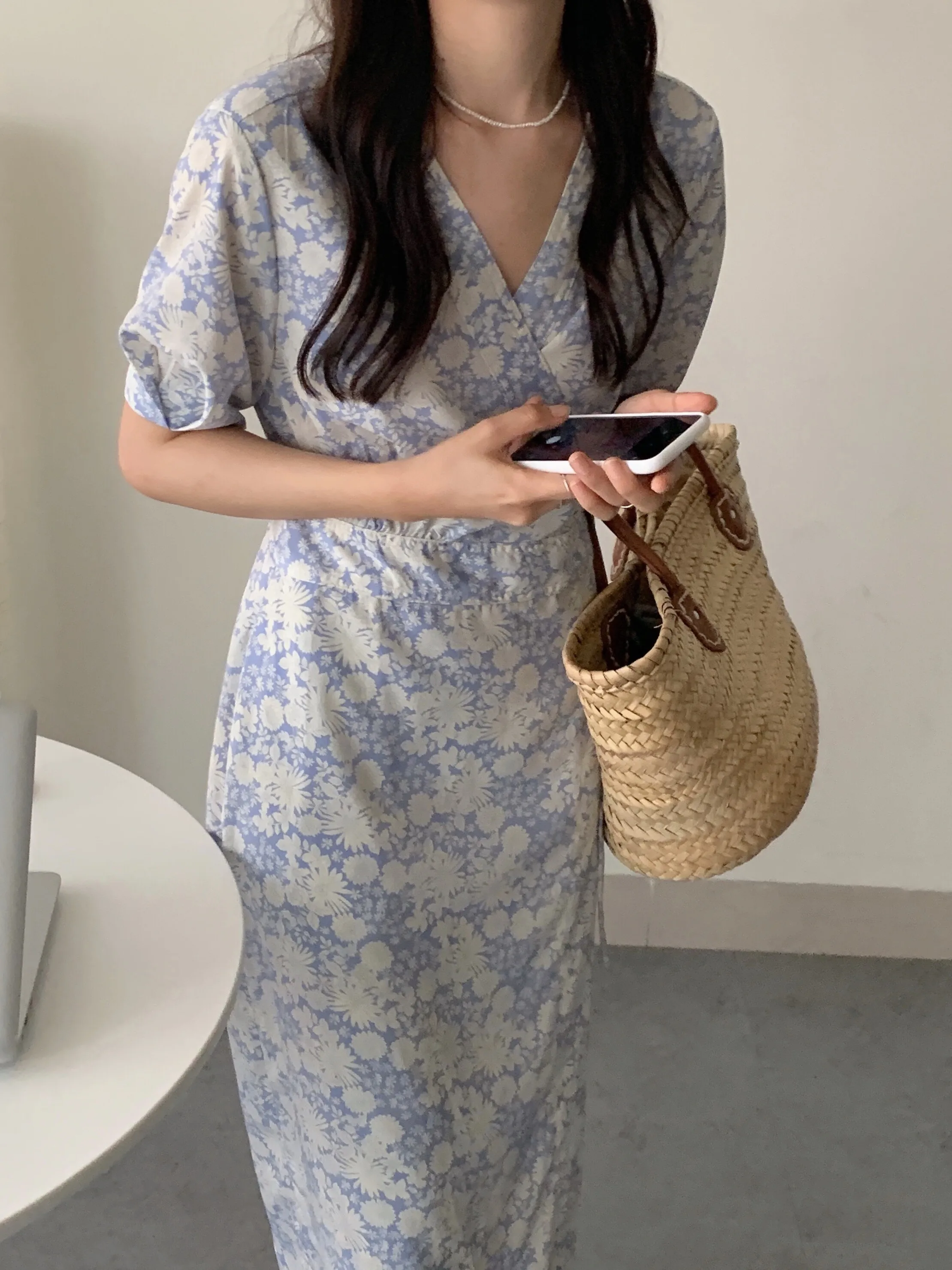 スタイリッシュな花柄痩身ミディドレス新鮮で美しい夏韓国スタイルハイウエスト A ラインスカート半袖 V ネック