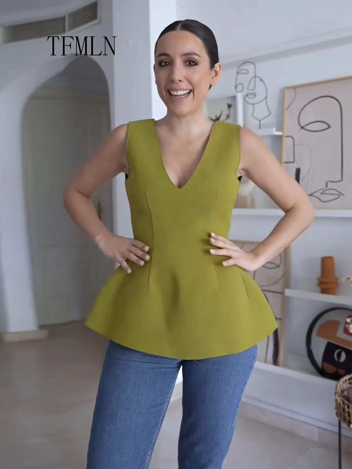 TFMLN المرأة صدرية أنيقة بلا أكمام تانك القمم أنثى ضئيلة مكتب الصلبة سترة امرأة الخامس الرقبة الاسلوب المناسب سترات قميص أنيق #2