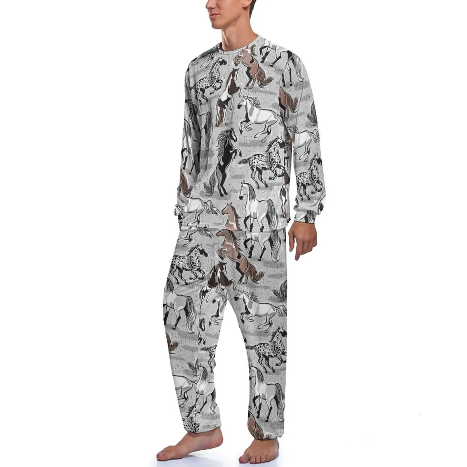 Vintage Horse Pajamas Long Sleeve Animal Print Two Piece Home Pajama Sets Winter Men Custom Kawaii Sleepwear