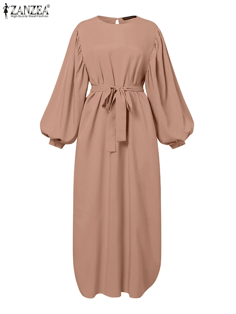 ZANZEA Islamic Women Elegant Party Dress Muslim Fashion Lantern Sleeve Tied Waist Maxi Dress Autumn Luxury O Neck Long Vestidos